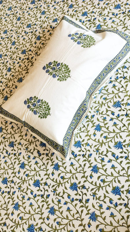 Blue Floral Jaal Block Printed Bedsheet with Two Reversible Pillow Covers
