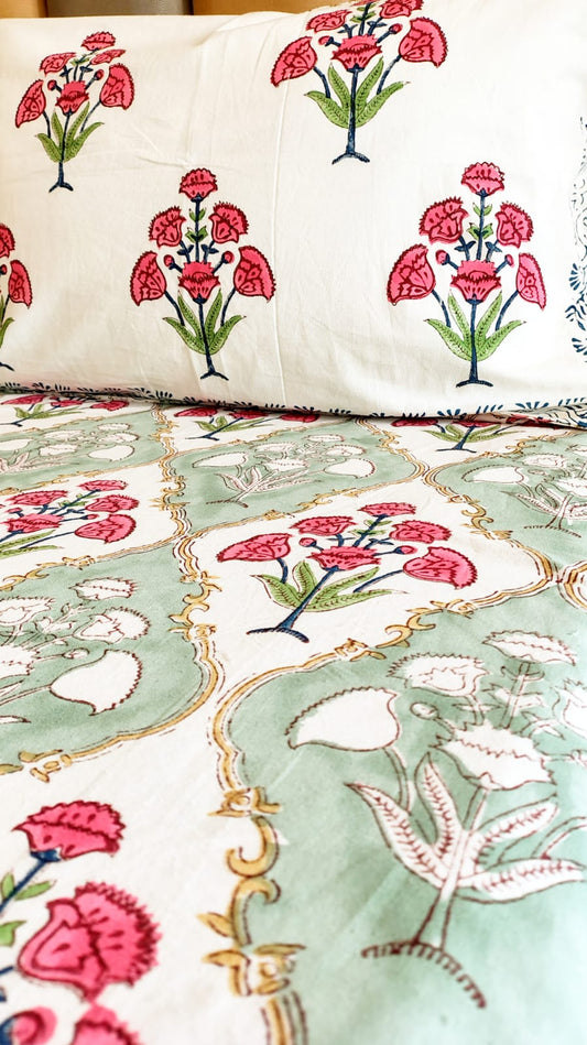 Guldasta Block Printed Bedsheet with Two Reversible Pillow Covers