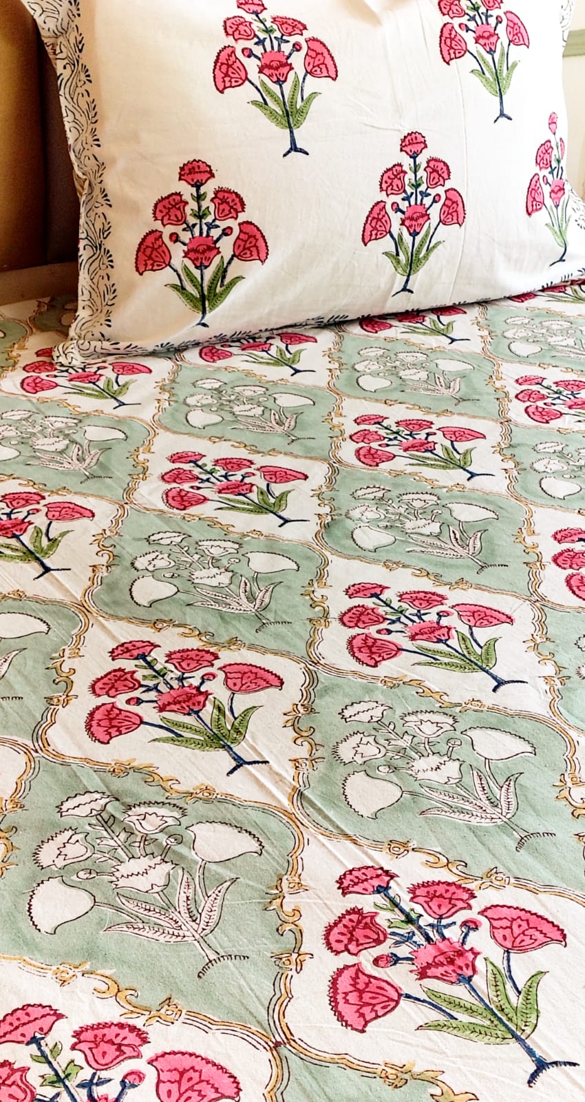 Guldasta Block Printed Bedsheet with Two Reversible Pillow Covers