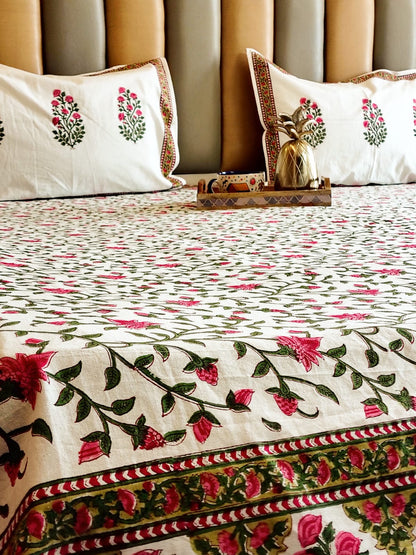 Pink Floral Jaal Block Printed Bedsheet with Two Reversible Pillow Covers