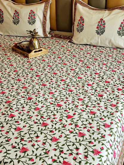 Pink Floral Jaal Block Printed Bedsheet with Two Reversible Pillow Covers