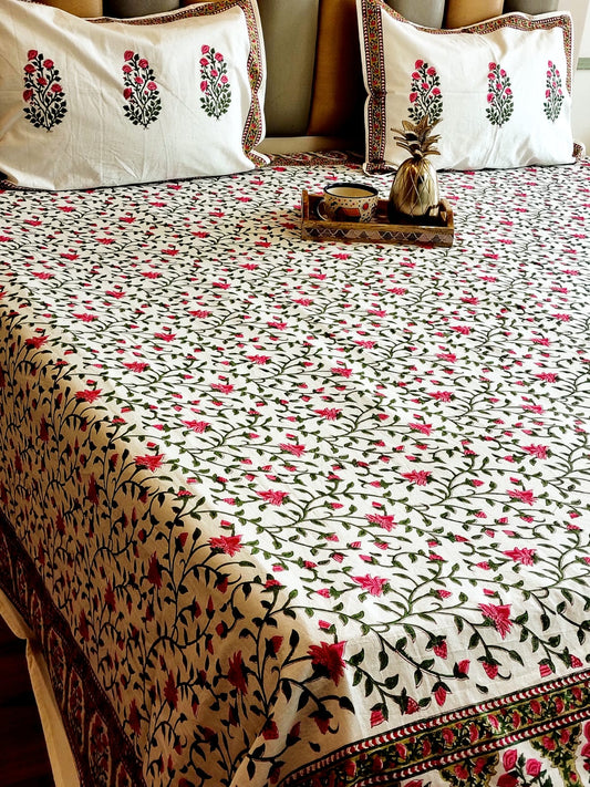 Pink Floral Jaal Block Printed Bedsheet with Two Reversible Pillow Covers