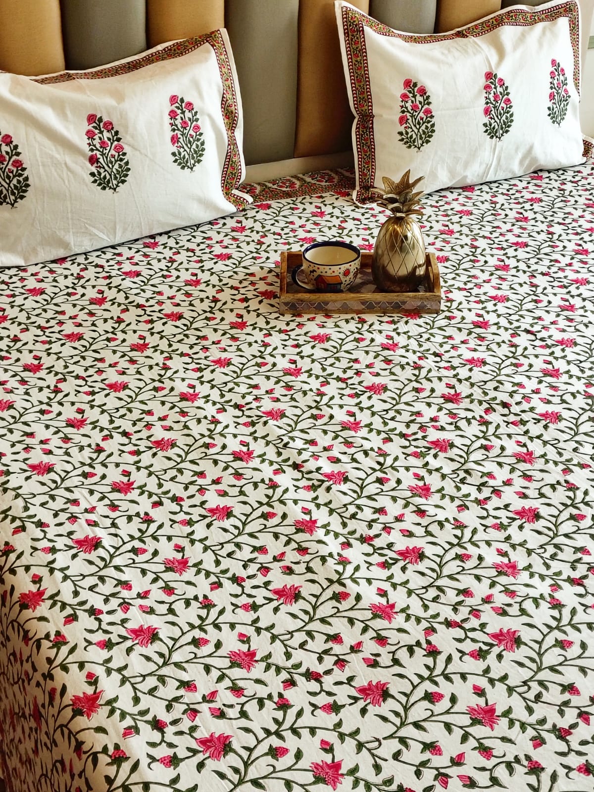 Pink Floral Jaal Block Printed Bedsheet with Two Reversible Pillow Covers