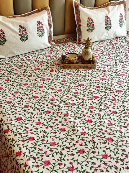 Pink Floral Jaal Block Printed Bedsheet with Two Reversible Pillow Covers