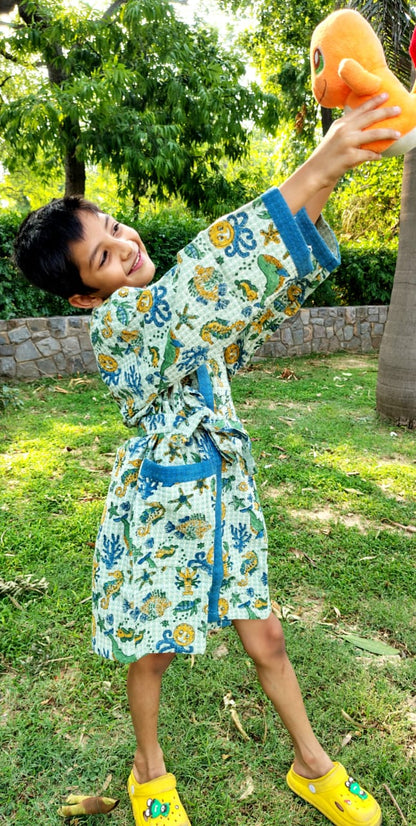 Blue Aqua Block Printed Kids Bathrobe