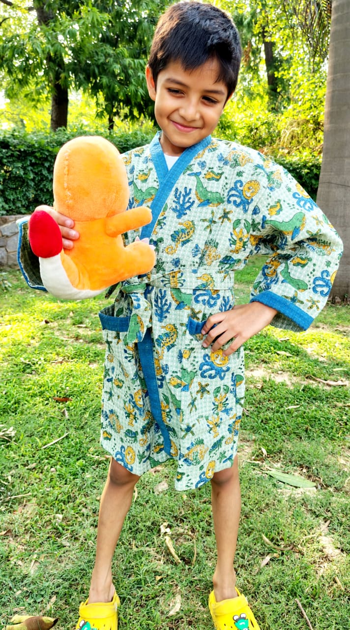 Blue Aqua Block Printed Kids Bathrobe