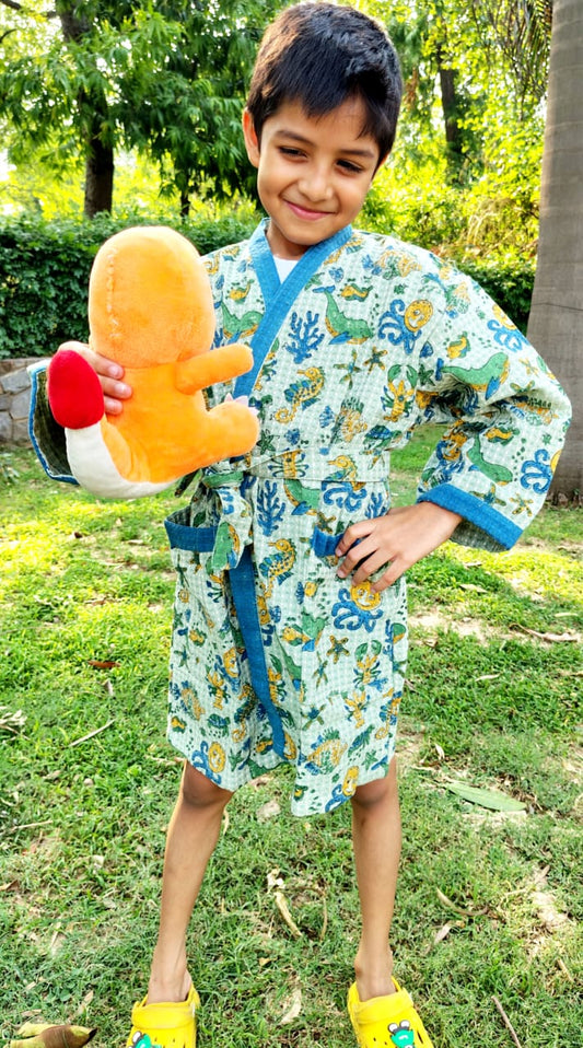 Blue Aqua Block Printed Kids Bathrobe