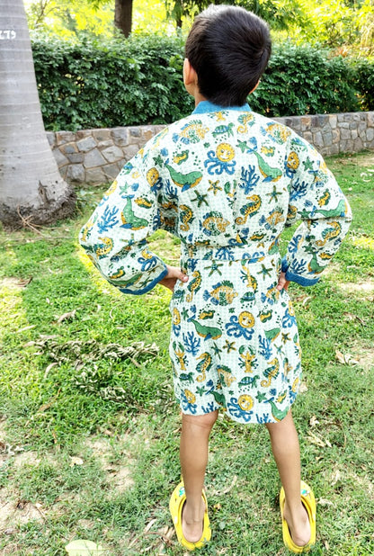 Blue Aqua Block Printed Kids Bathrobe