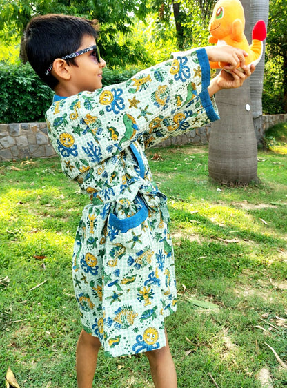 Blue Aqua Block Printed Kids Bathrobe