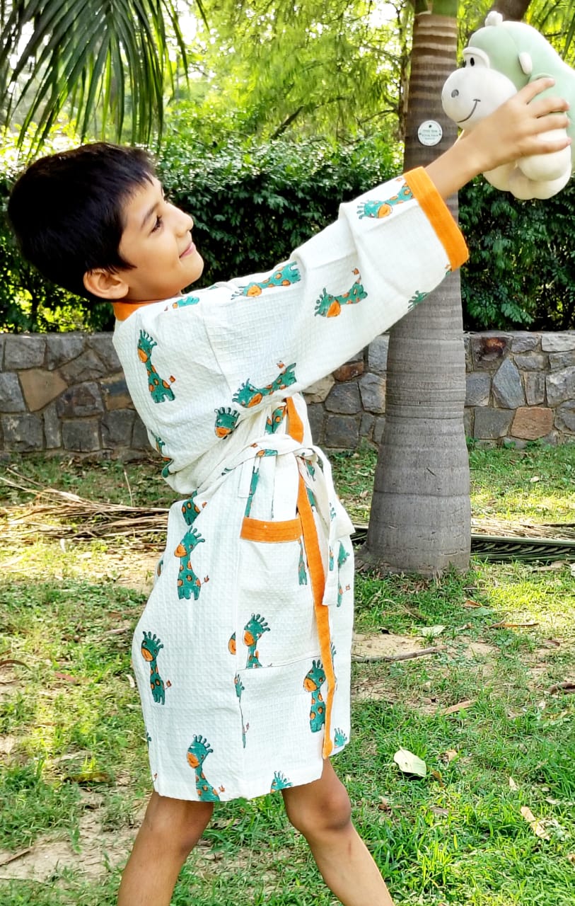 Giraffe Block Printed Kids Bathrobe