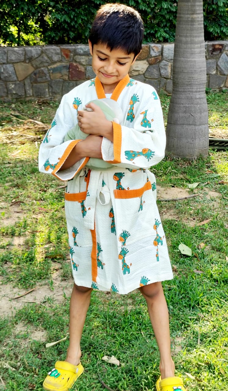 Giraffe Block Printed Kids Bathrobe