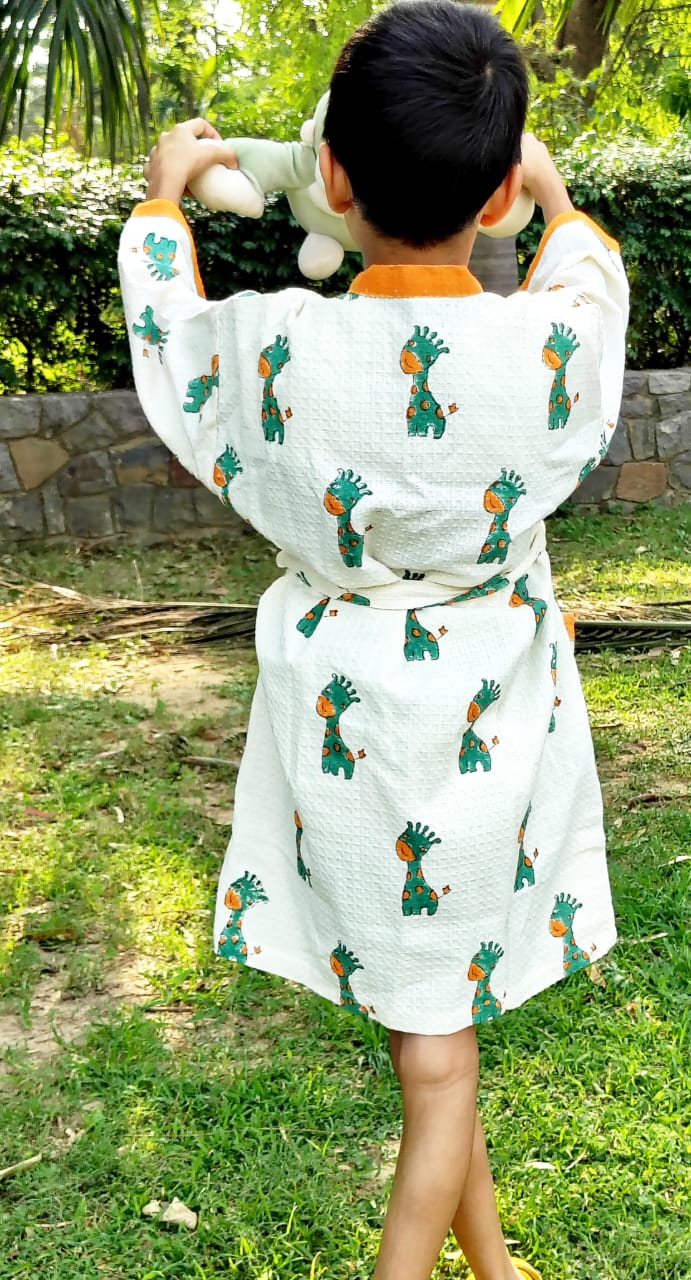 Giraffe Block Printed Kids Bathrobe