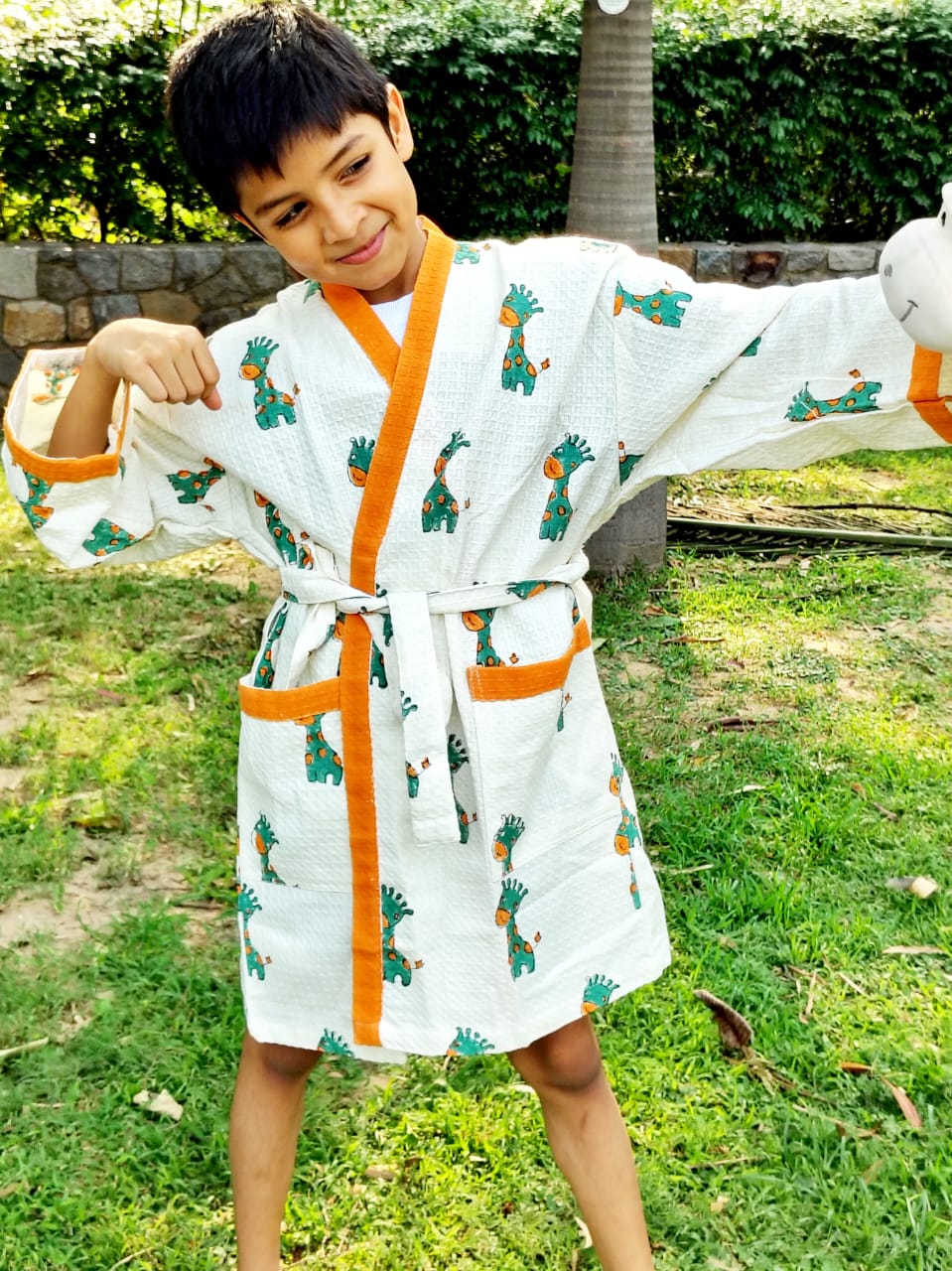 Giraffe Block Printed Kids Bathrobe