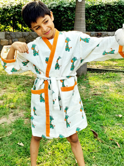 Giraffe Block Printed Kids Bathrobe