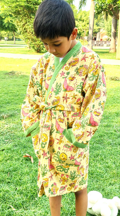 Yellow Aqua Block Printed Kids Bathrobe