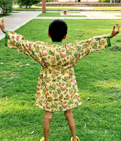 Yellow Aqua Block Printed Kids Bathrobe
