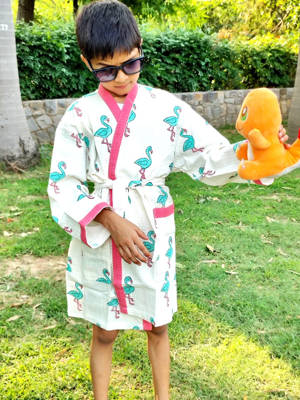 Flamingo Block Printed Kids Bathrobe