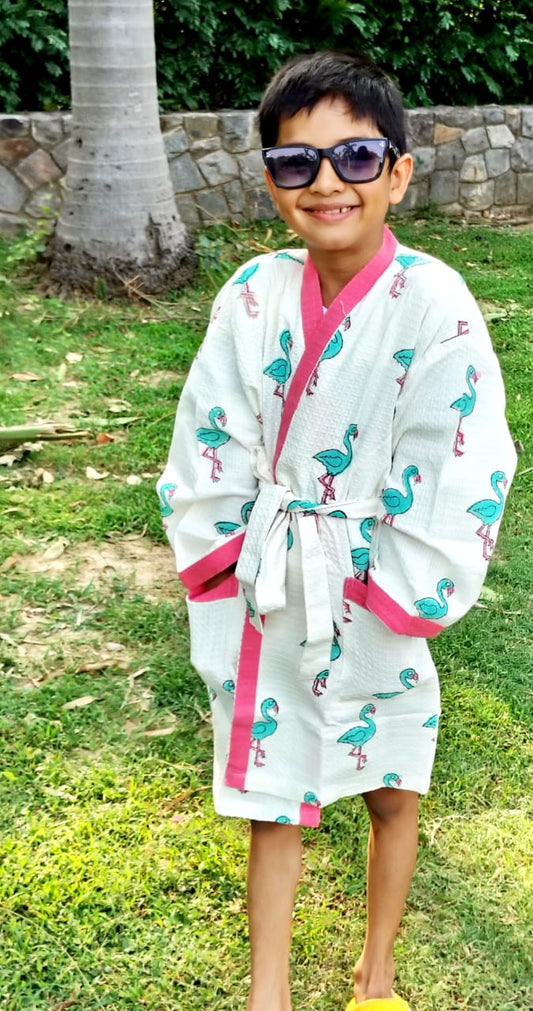 Flamingo Block Printed Kids Bathrobe