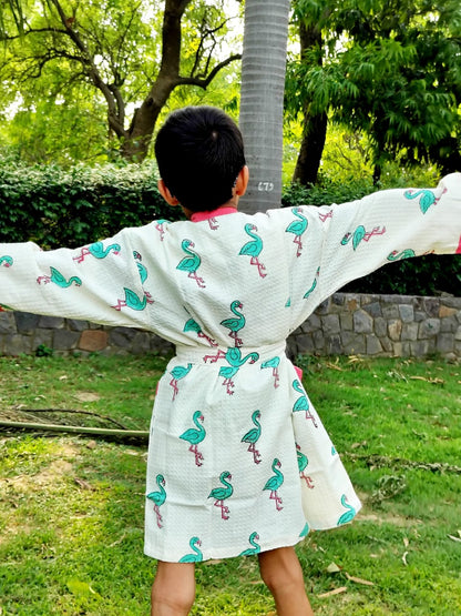 Flamingo Block Printed Kids Bathrobe