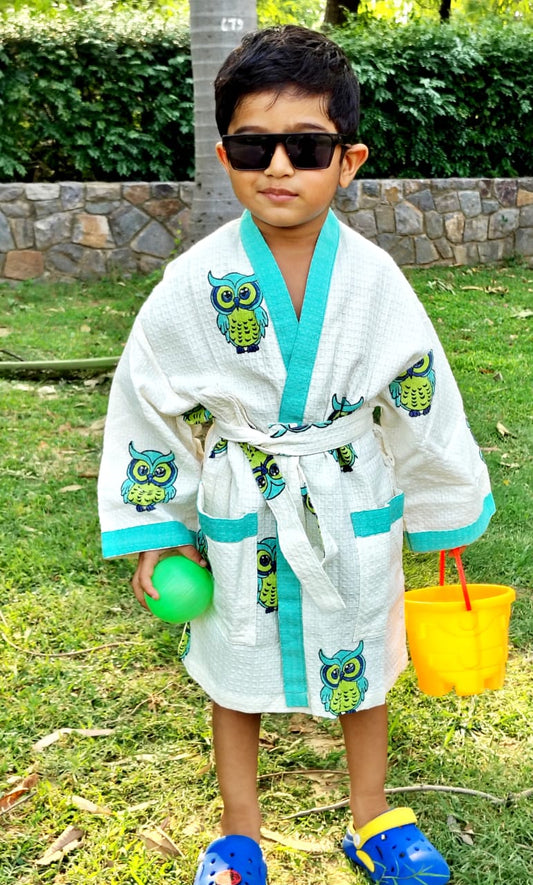 Owl Block Printed Kids Bathrobe