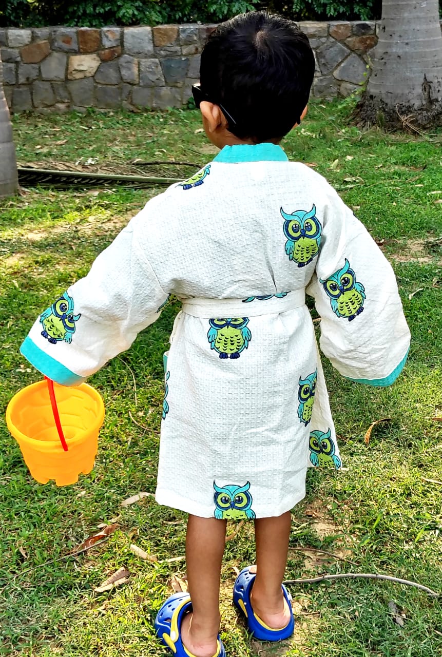 Owl Block Printed Kids Bathrobe