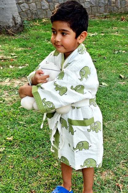 Elephant Block Printed Kids Bathrobe