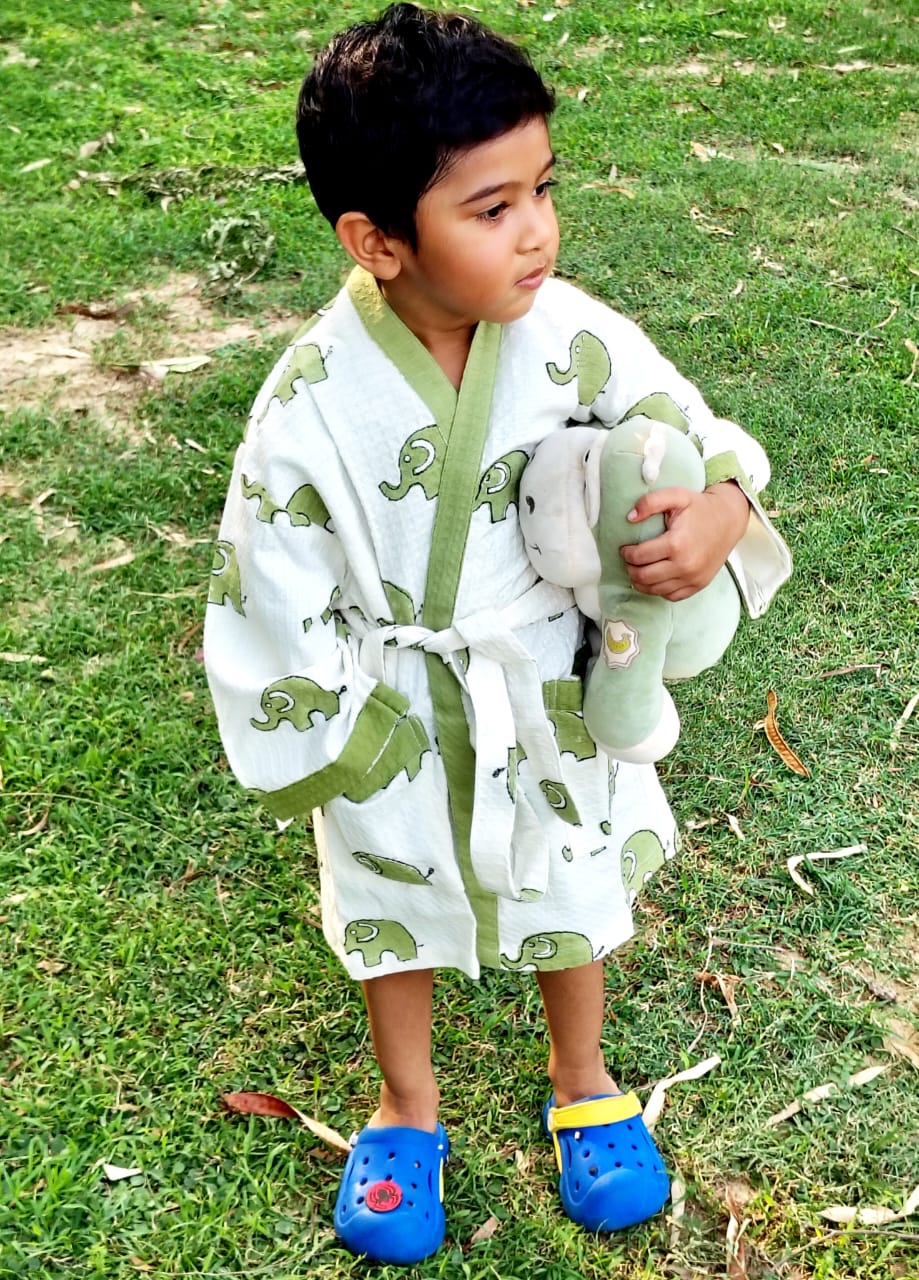 Elephant Block Printed Kids Bathrobe