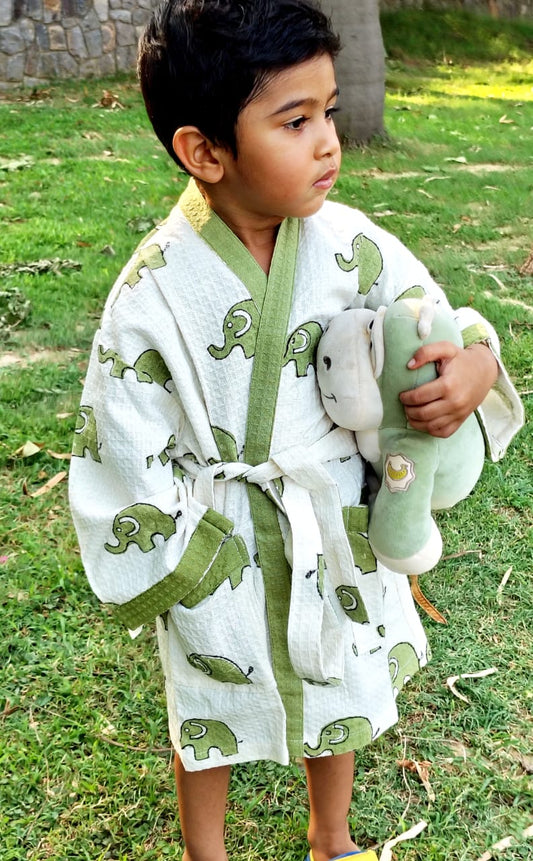 Elephant Block Printed Kids Bathrobe