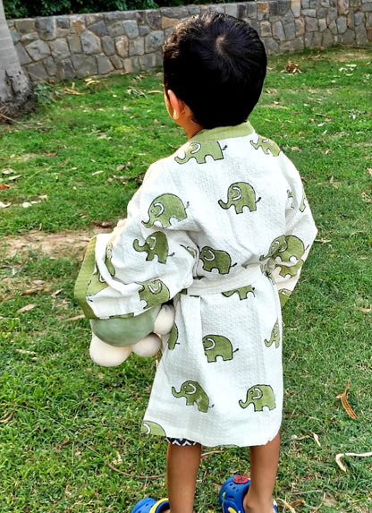 Elephant Block Printed Kids Bathrobe