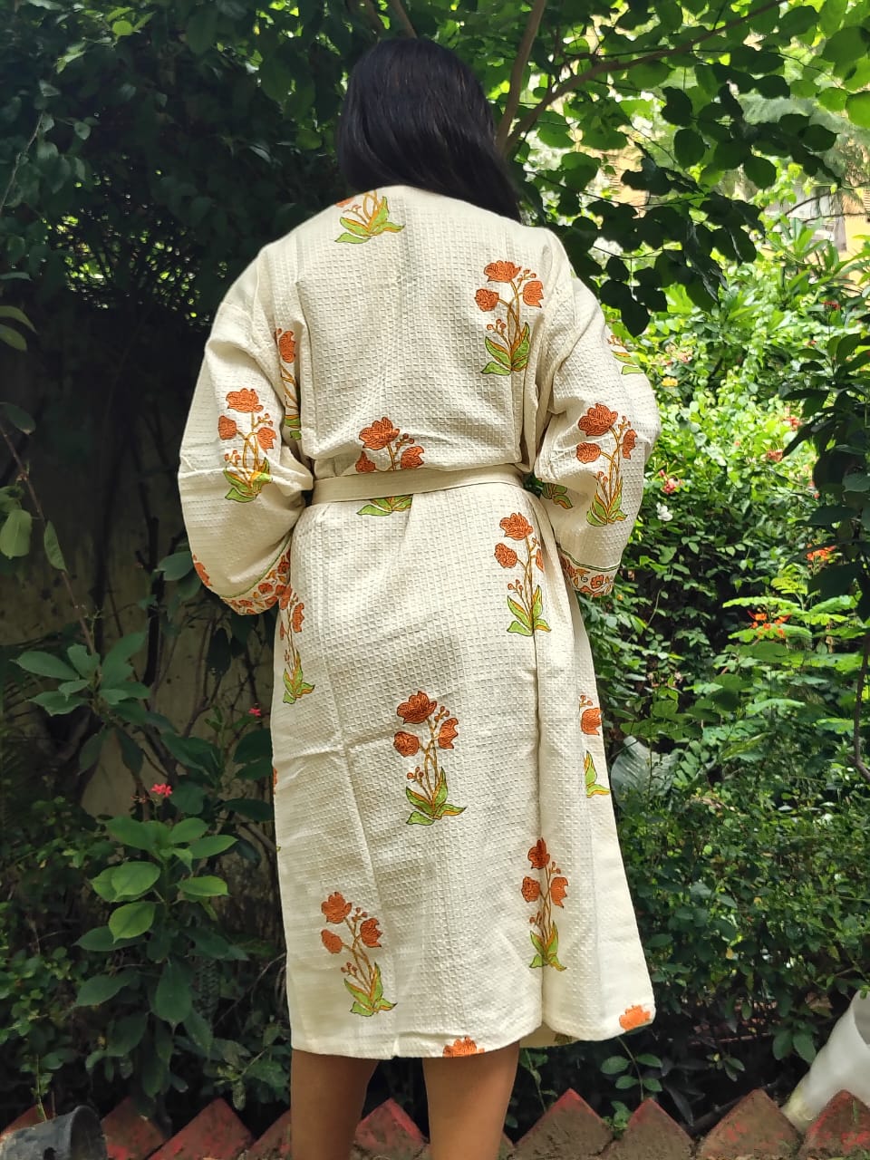 Yellow Bunch Printed Cotton Waffle Handblock Bathrobe