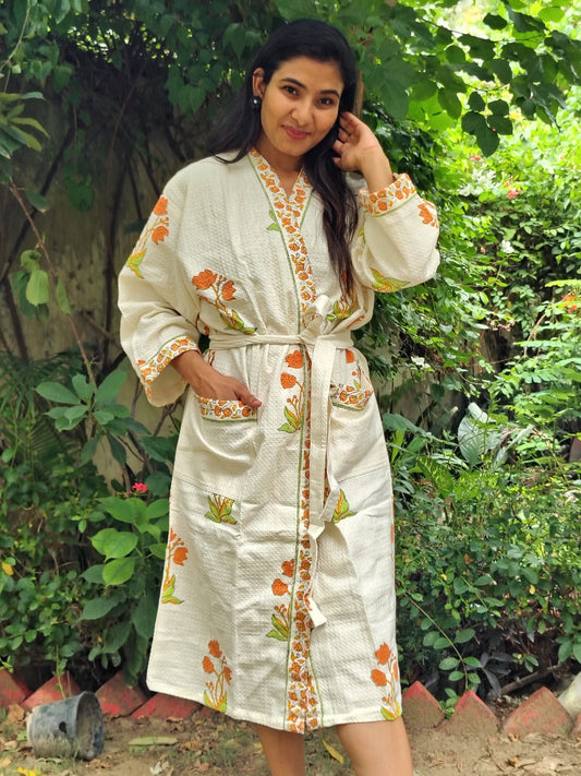 Yellow Bunch Printed Cotton Waffle Handblock Bathrobe