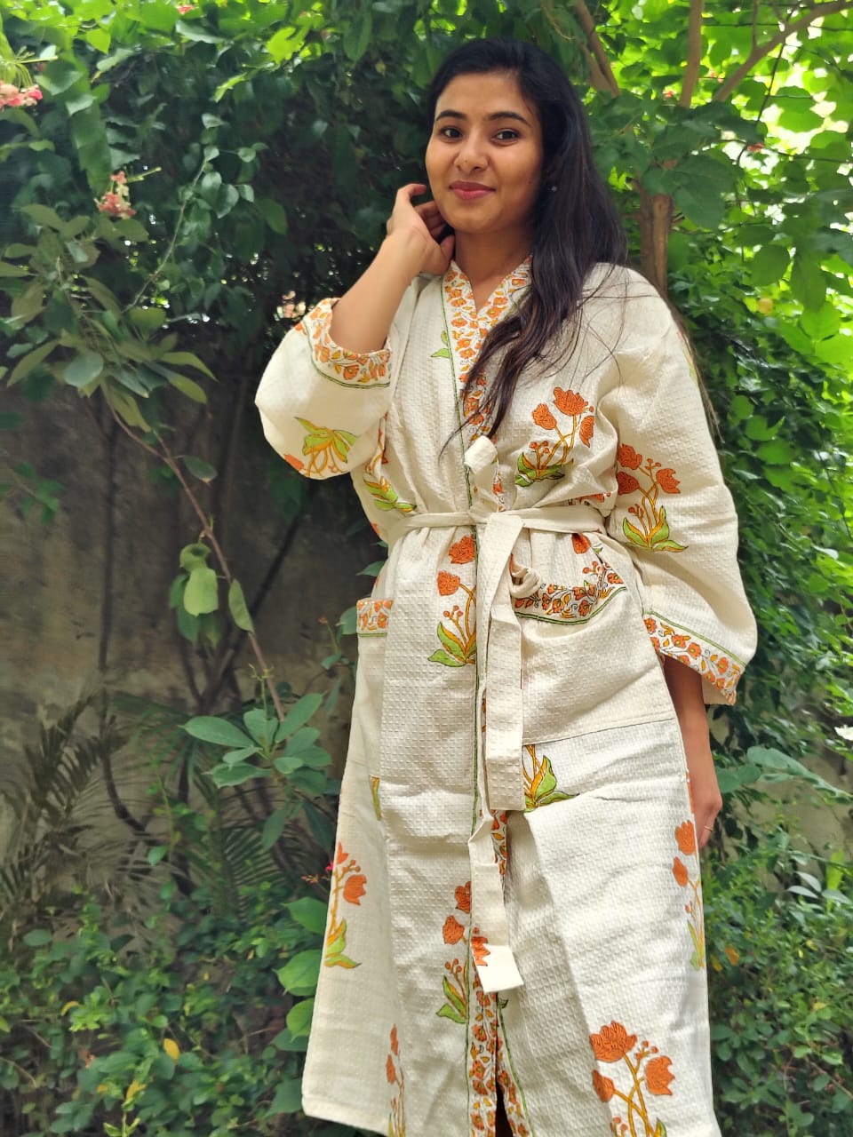 Yellow Bunch Printed Cotton Waffle Handblock Bathrobe
