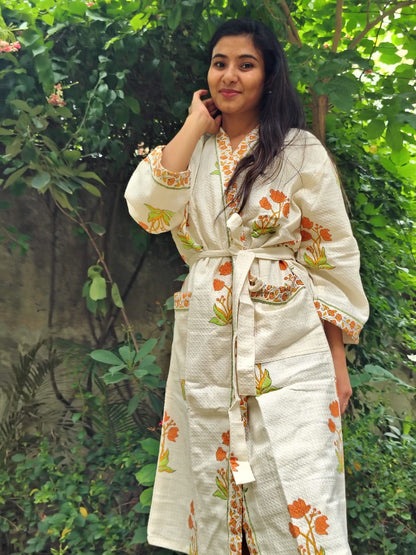 Yellow Bunch Printed Cotton Waffle Handblock Bathrobe