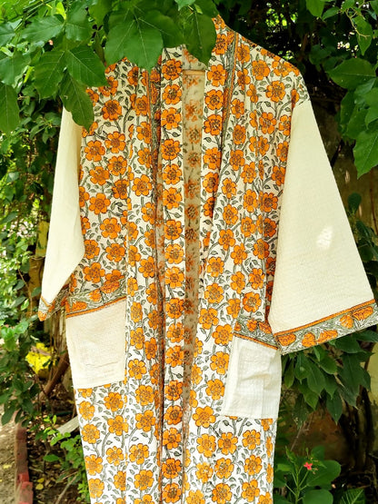 Yellow Floral Printed Cotton Waffle Handblock Bathrobe