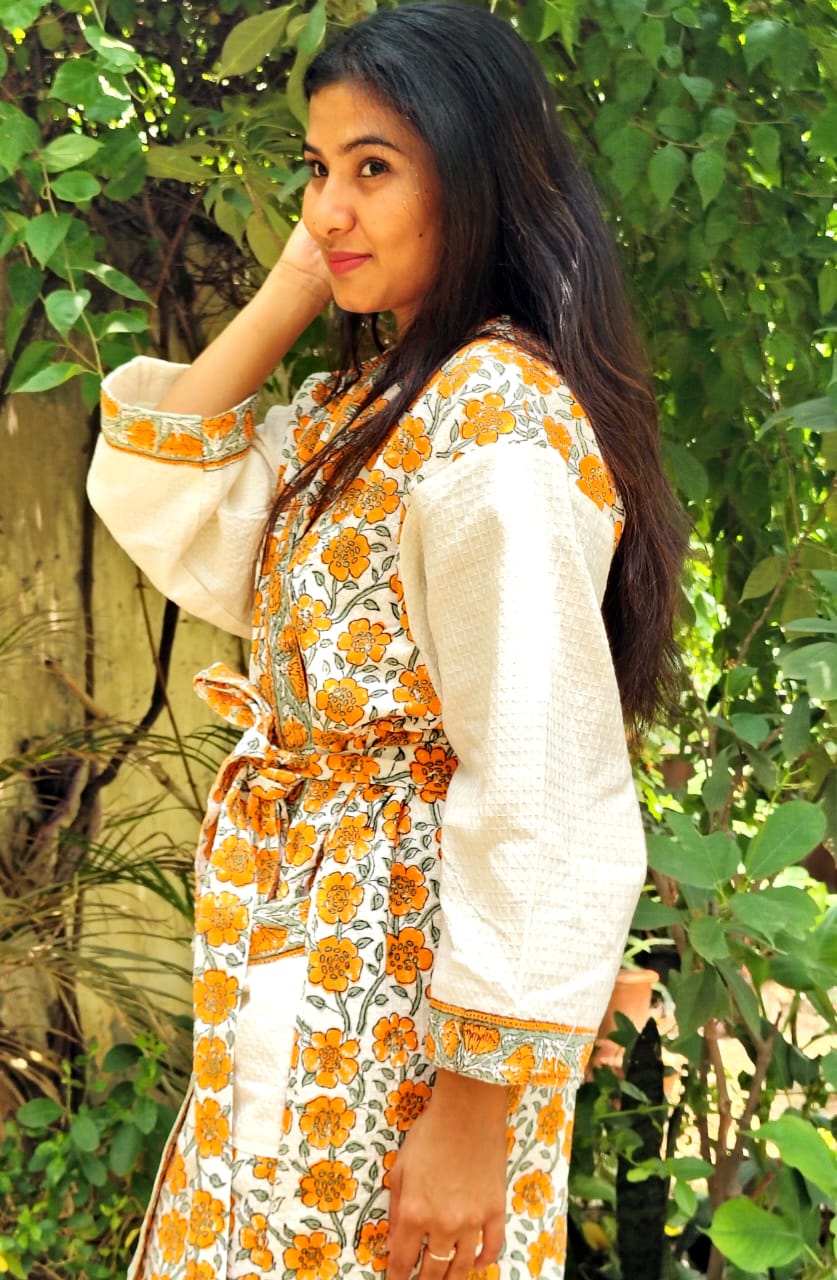 Yellow Floral Printed Cotton Waffle Handblock Bathrobe