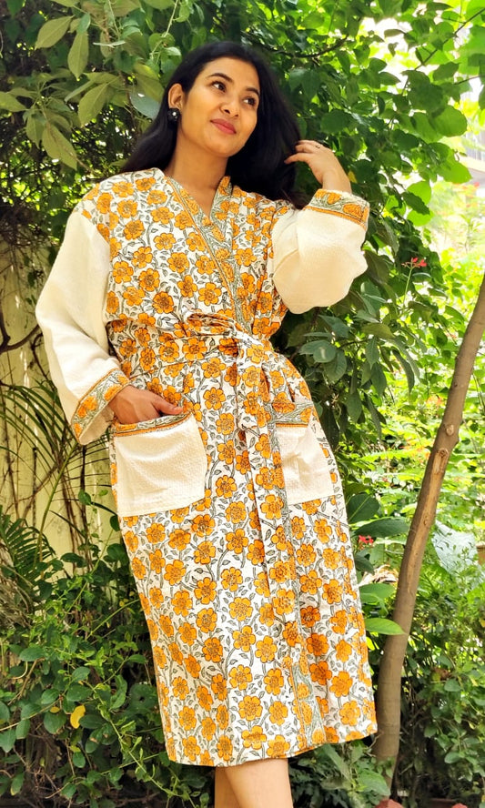 Yellow Floral Printed Cotton Waffle Handblock Bathrobe