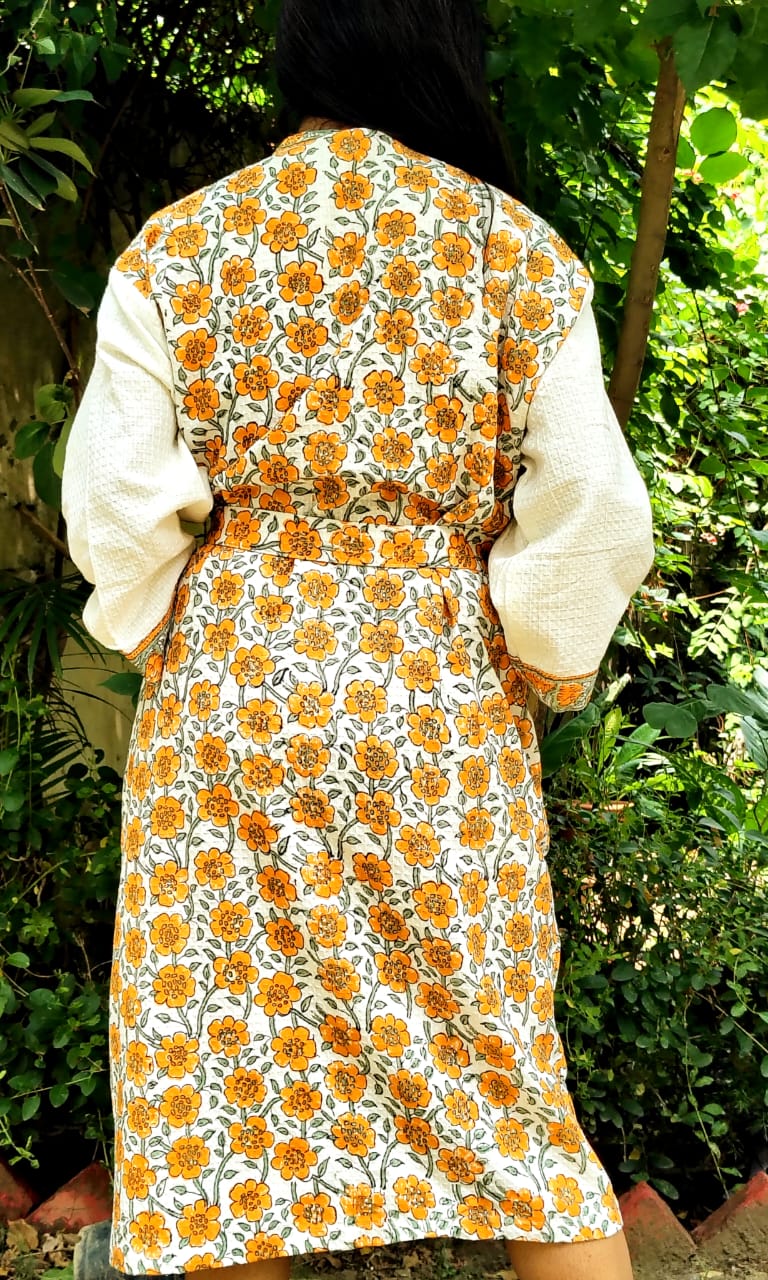 Yellow Floral Printed Cotton Waffle Handblock Bathrobe