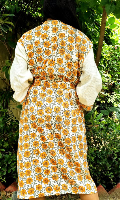 Yellow Floral Printed Cotton Waffle Handblock Bathrobe