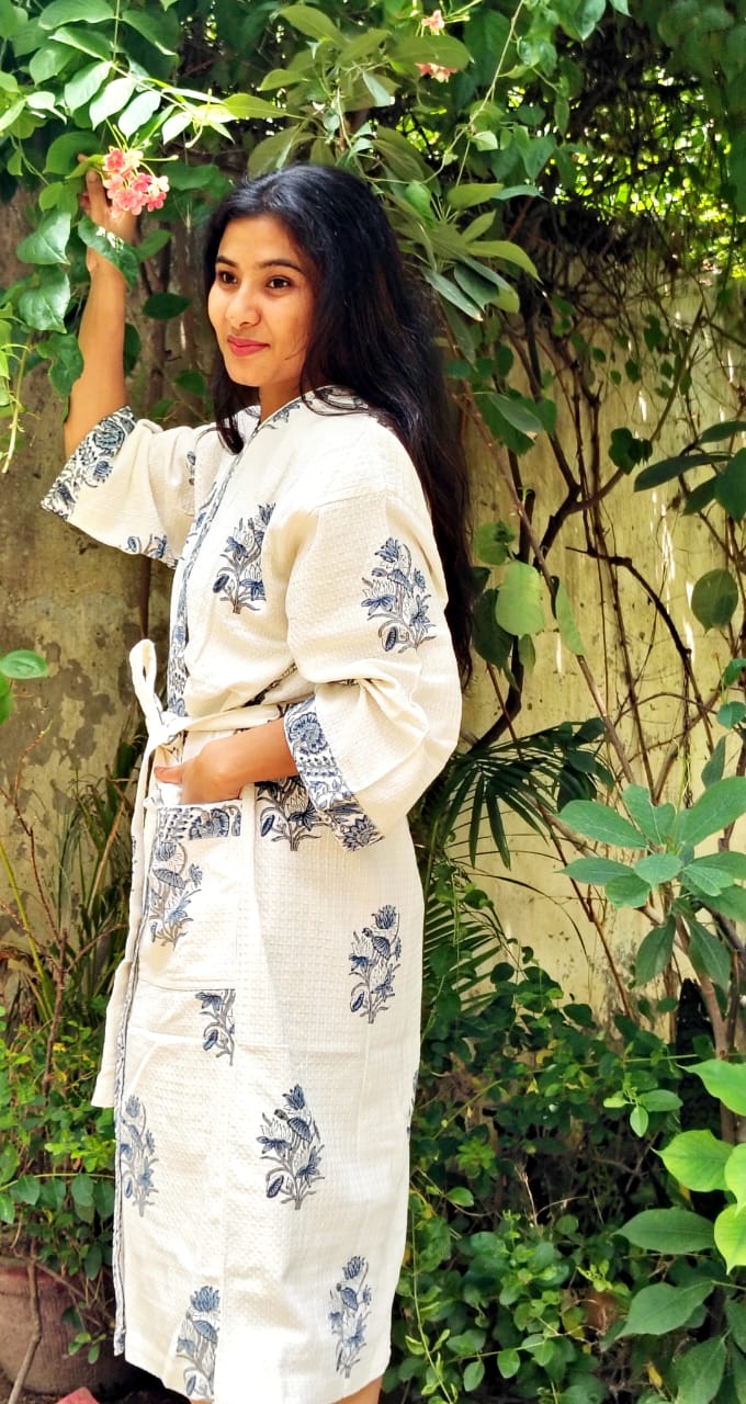 Blue Bunch Floral Printed Cotton Waffle Handblock Bathrobe