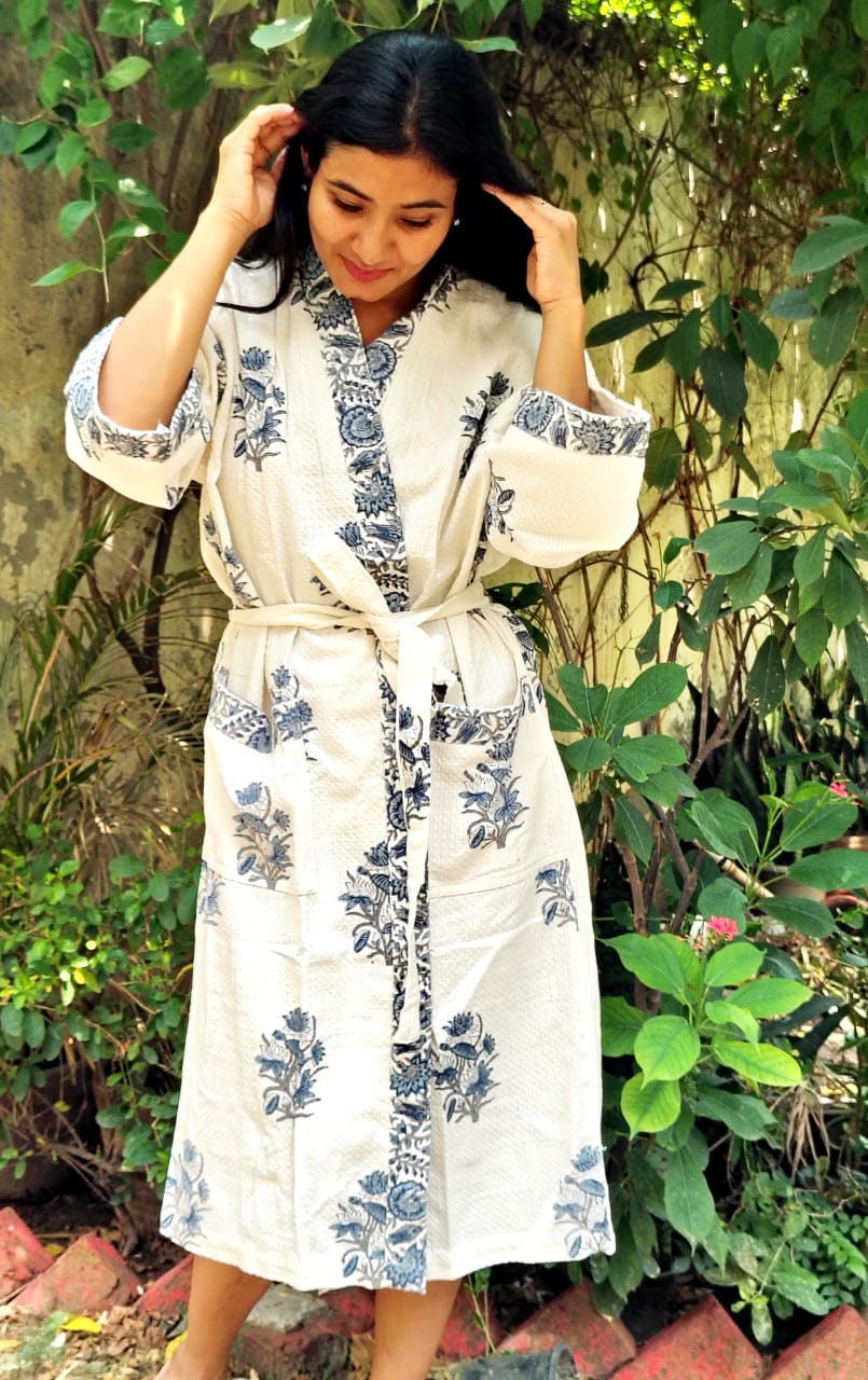 Blue Bunch Floral Printed Cotton Waffle Handblock Bathrobe