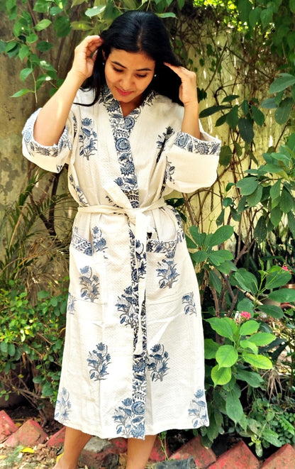 Blue Bunch Floral Printed Cotton Waffle Handblock Bathrobe