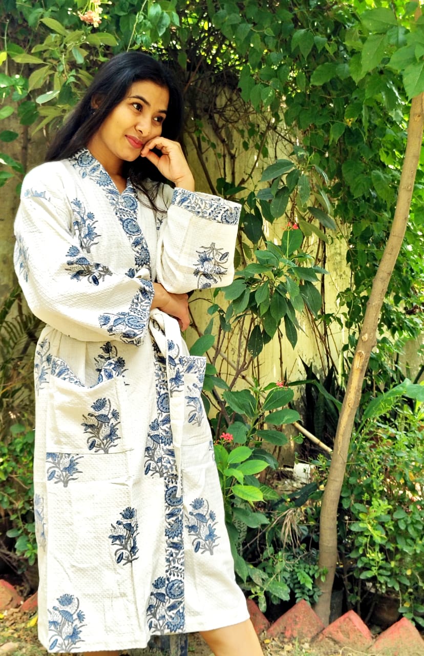 Blue Bunch Floral Printed Cotton Waffle Handblock Bathrobe