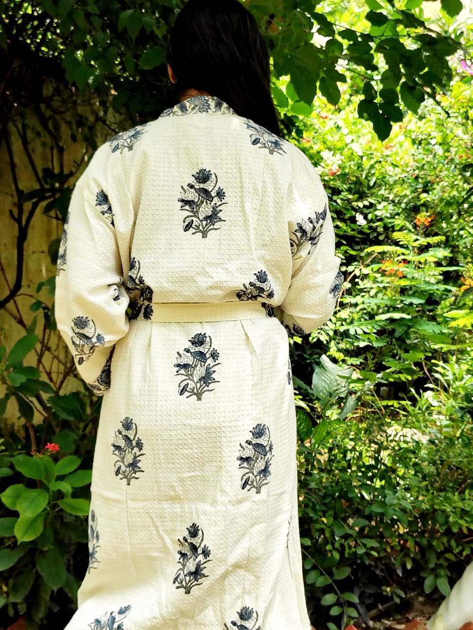 Blue Bunch Floral Printed Cotton Waffle Handblock Bathrobe