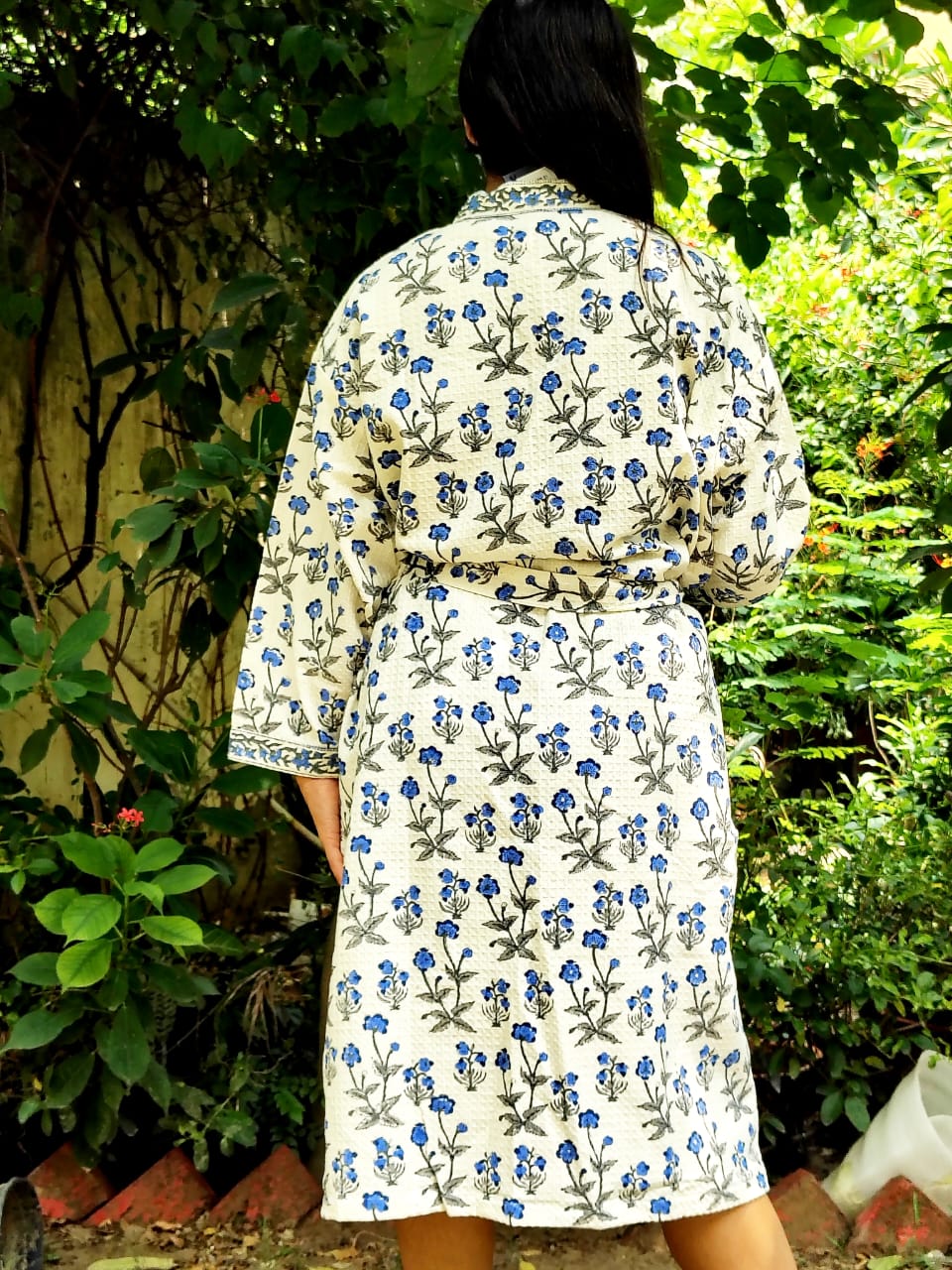Blue Floral Jaal Printed Cotton Waffle Handblock Bathrobe