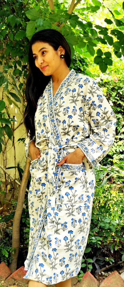 Blue Floral Jaal Printed Cotton Waffle Handblock Bathrobe