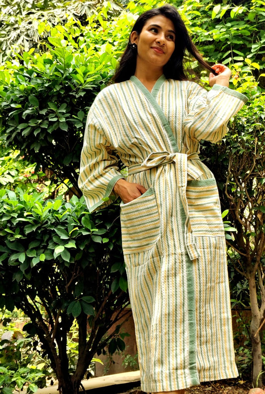 Stripe Cotton Waffle Handblock Bathrobe