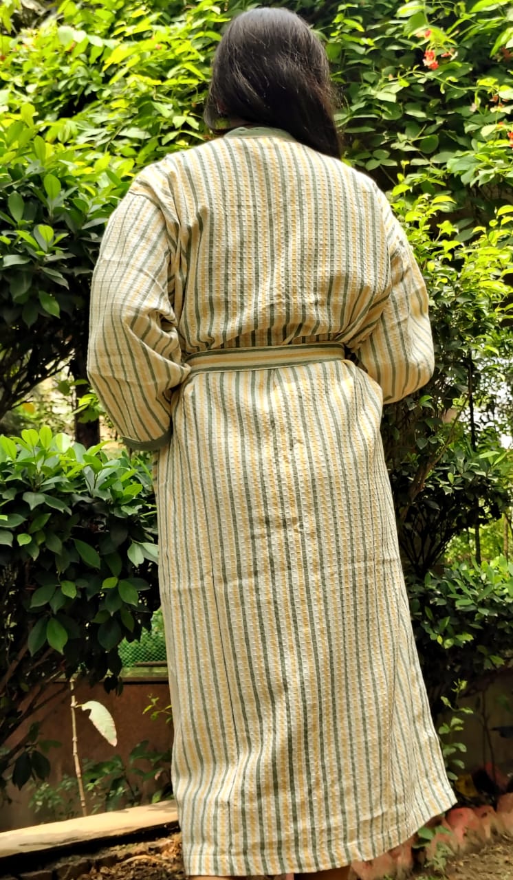 Stripe Cotton Waffle Handblock Bathrobe