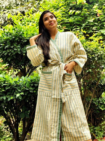 Stripe Cotton Waffle Handblock Bathrobe