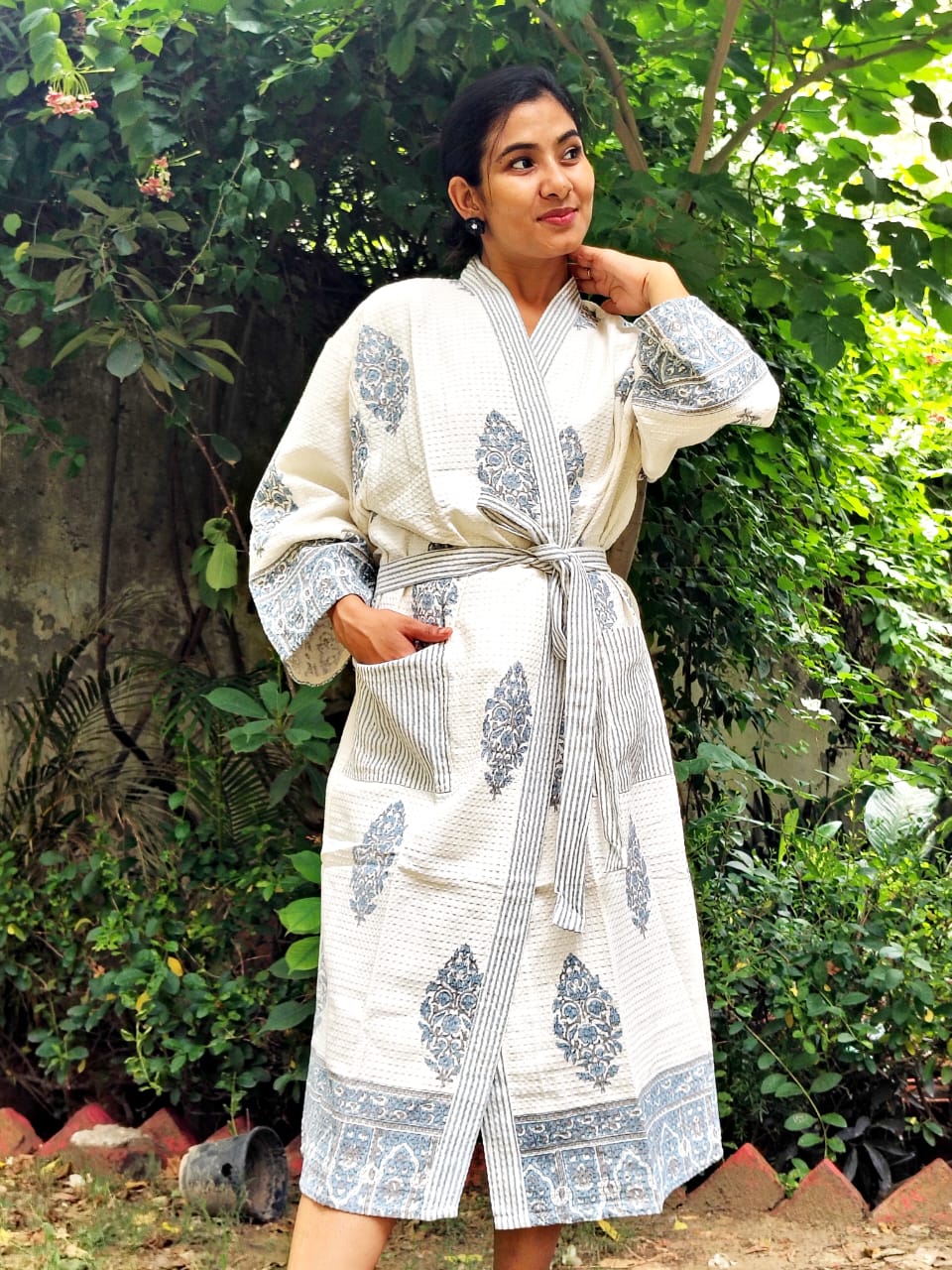 Grey Floral Printed Cotton Waffle Handblock Bathrobe
