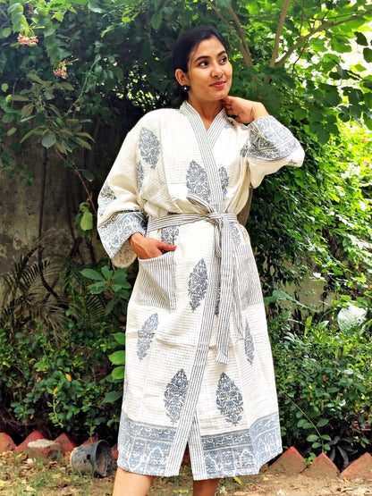 Grey Floral Printed Cotton Waffle Handblock Bathrobe